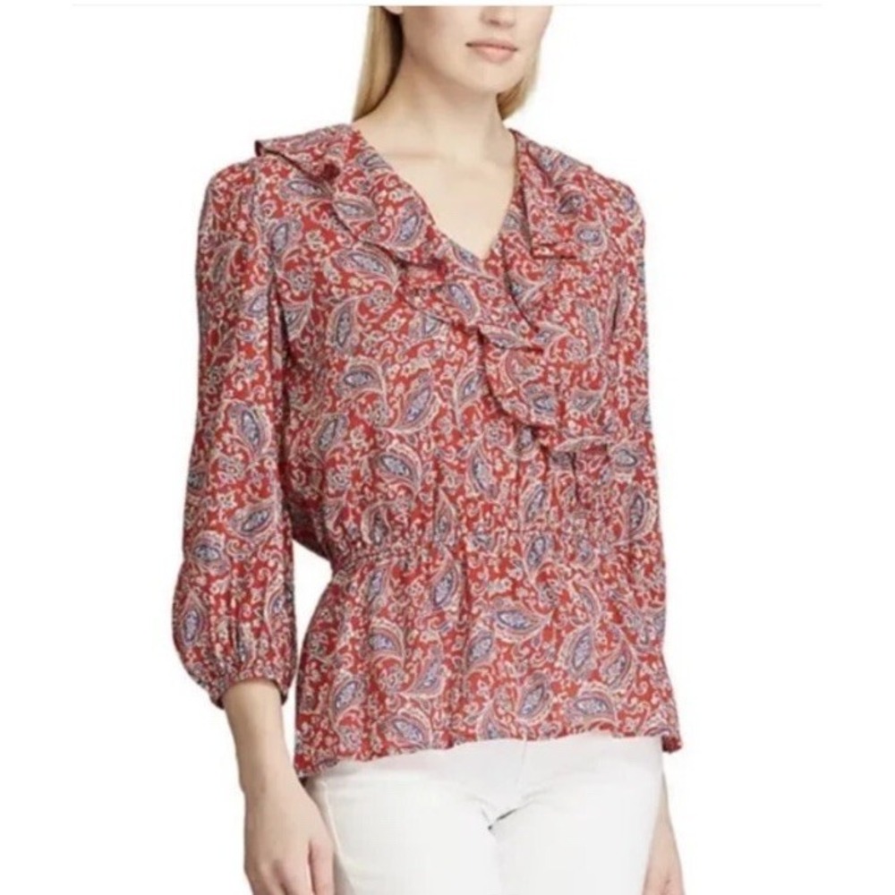 Chaps Kiera Ruffle Neck Blouse L Red White Blue Paisley 3/4 Sleeve Gauzy Top
